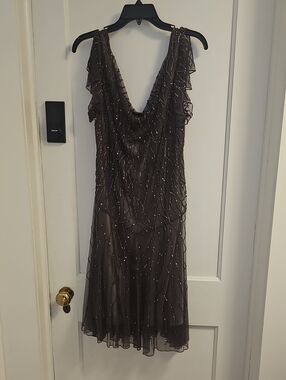 J Kara Grey Beaded V-Neck Cocktail Dress